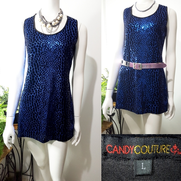 NEW Candy Couture🌺Slimfit Dress Leopard Blue Sequin Velvet - Picture 4 of 9